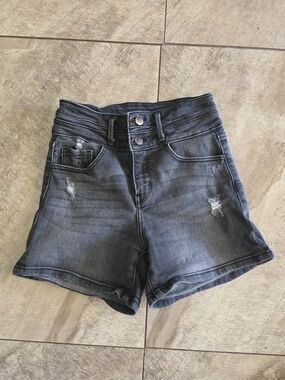 KanCan Washed Black High-Rise Distressed Denim Shorts